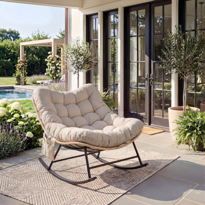 Outdoor Rocking Chair with Thick Cushion Heavy-Duty Metal Frame Water-Resistant Fabric Supports 450 lbs Indoor/Outdoor Lounge for Patio Garden Living Room