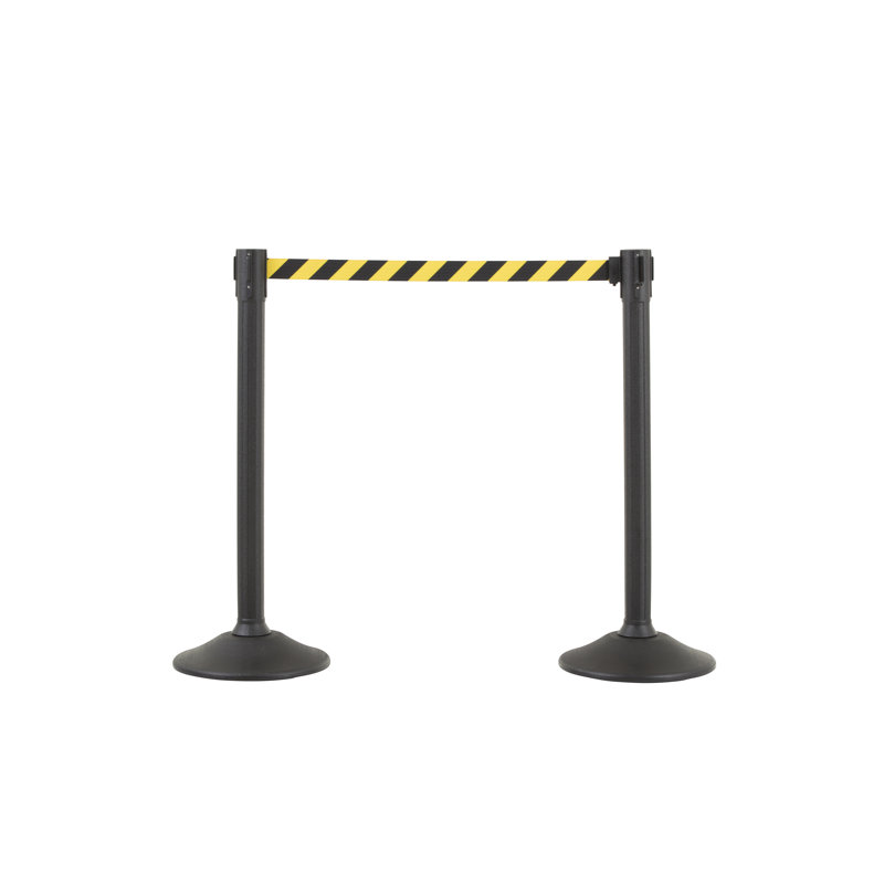 US Weight Black Plastic Stanchion for Crowd Control with 6.5' Retractable Chevron Black and Yellow Barrier Belt with Tool-Free Assembly and Belt Ends that Fit Most Brands - 2 PK