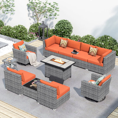 8-Person Outdoor Sectional With Cushions,Swivel Rockers And Fire Pit,All-Weather Wicker Patio Set