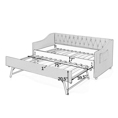 Lit de jour simple, lit de jour convertible rembourré avec dossier capitonné, canapé-lit polyvalent 3 en 1 avec lit gigogne escamotable et rangement latéral, parfait pour une vie compacte