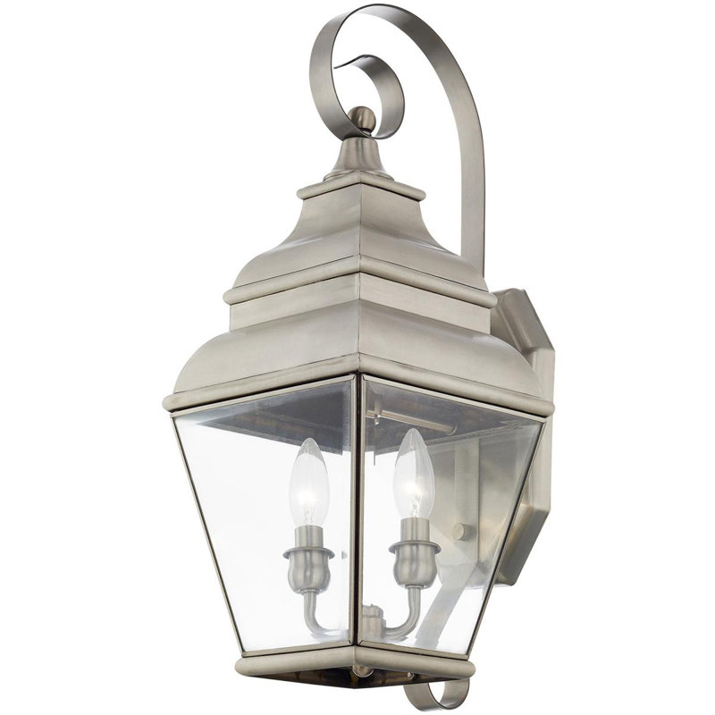 8-inch 2 Light Outdoor Wall Lantern Pendant Lighting Fixture - Clear Water Glass Shade, Brushed Nickel
