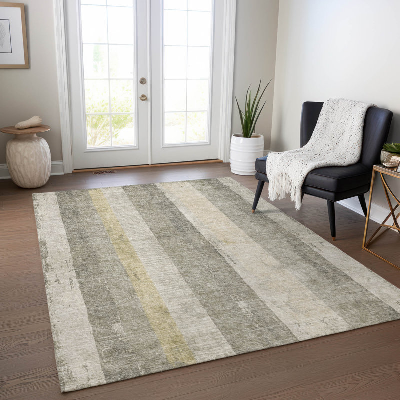 Taupe Synthetic Washable Flat Woven Striped 3' x 5' Rug
