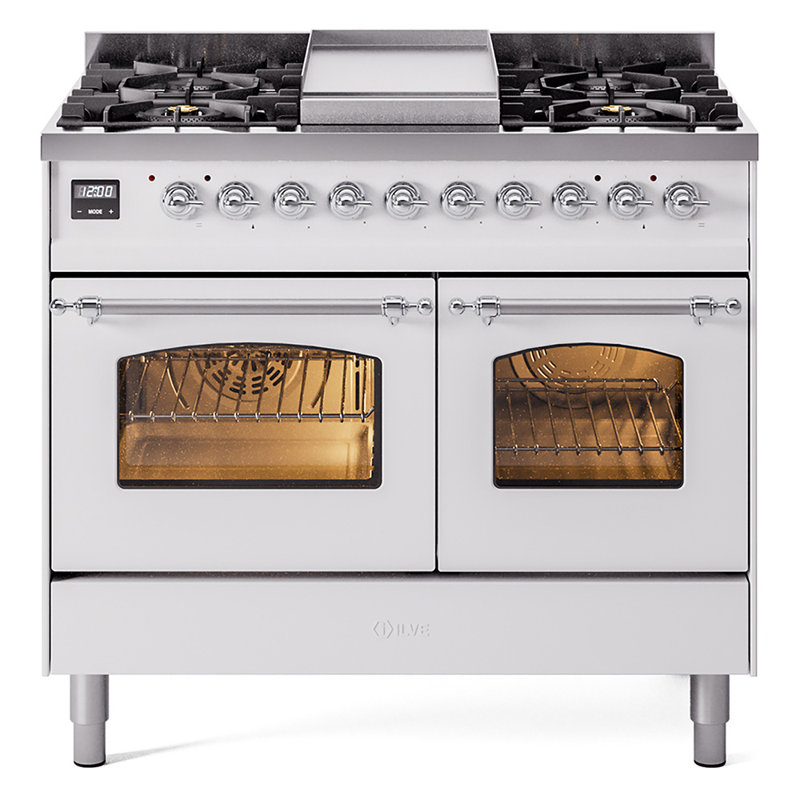 ILVE Nostalgie II Series 40 inch Dual Fuel Range with 6 Sealed Burners, Griddle (Glass Door), Liquid Propane, White/Copper