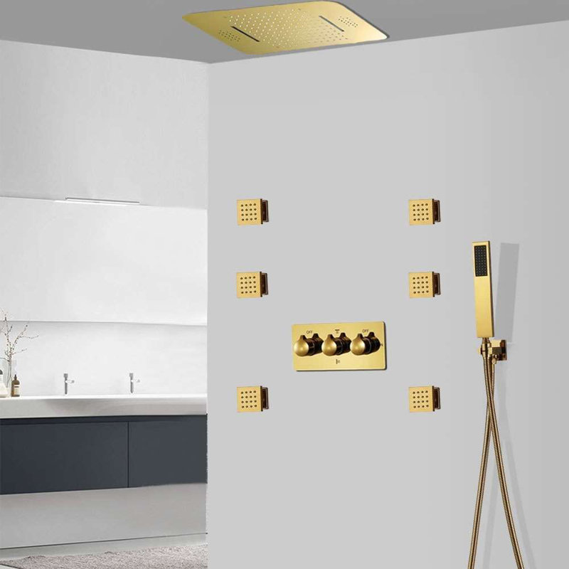 Système de douche thermostatique à DEL dorée avec télécommande et installation au plafond