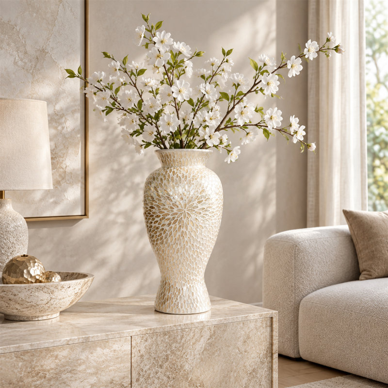 Vase de sol décoratif en nacre de Capiz dorée et blanche, diamètre 13,4 po x 24 po