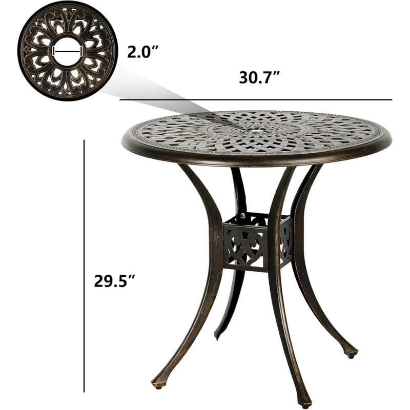 Patio Dining Table, Cast Aluminum Outdoor Bistro Table With Umbrella Hole Round Conversation Table, Antique Bronze