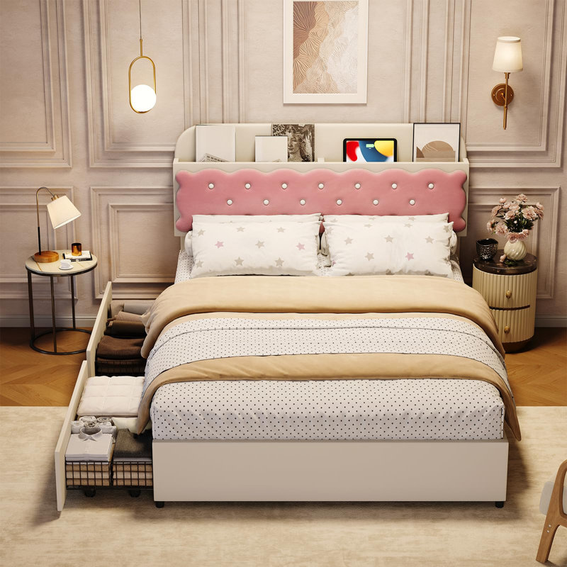 Structure de lit double avec tête de lit en velours, 2 tiroirs de rangement, rose | Tête de lit Cookie, Full