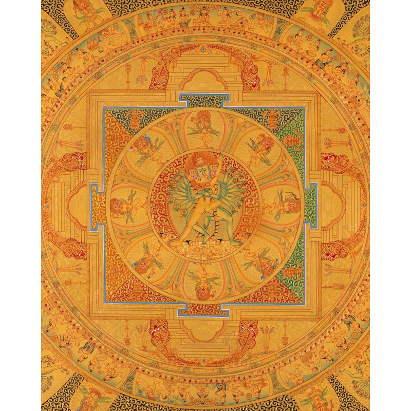 «Hey Vajra Mandala» (Thangka sans brocart) | Or 24 carats avec couleur acrylique sur toile de coton