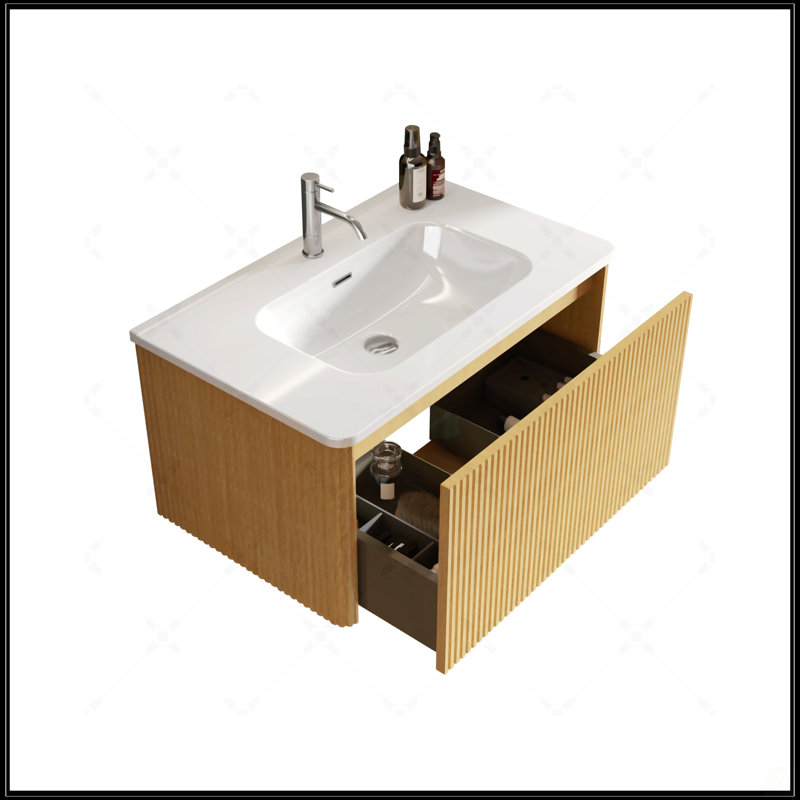 Meuble-lavabo en chêne rayé de 30 pouces avec lavabo en céramique blanche Etna, 30", Chêne