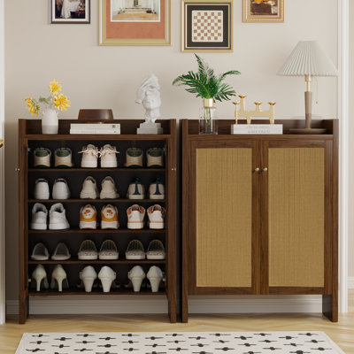 42.5" Tall Rattan Shoe Cabinet With Doors, 6-Tier Shoe Storage Cabinet With Adjustable Shelves, Wooden Freestanding Shoe Organizer Shoe Cabinet For Entryway,Hallway,Living Room (Walnut)