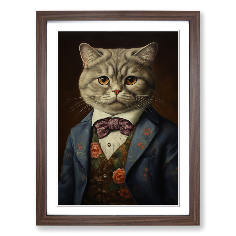 Cat In A Suit Painting No.3 - Single Picture Frame Print on Wood, 46cm H x 34cm W x 2cm D, Walnut Framed