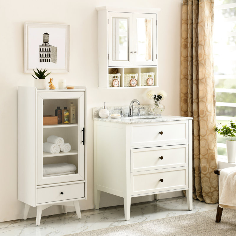 Armoire de rangement de salle de bain avec miroir - 2 portes, tablettes réglables, 3 paniers de décoration de Noël pour salle de bain, cuisine, aile de salle de lavage