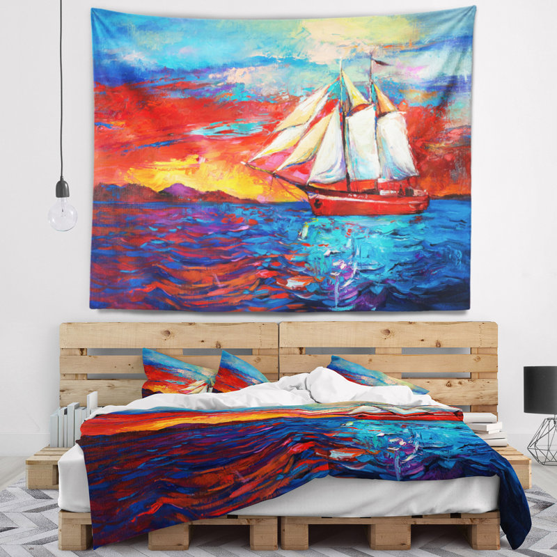 Tapisserie «Seascape Sail Ship Pendant Sunset», H 32 po x l 39 po