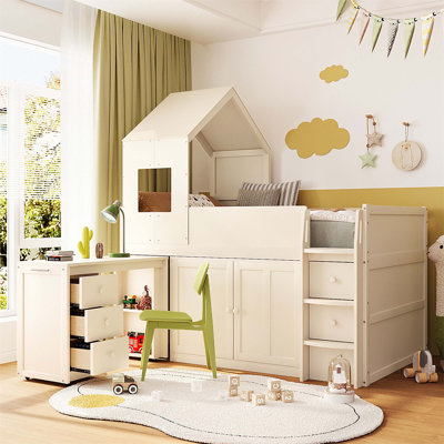 Wooden Loft Bed With Desk, Drawers, And Cabinets,  For Space-Saving And Creative Living In Kids' Rooms