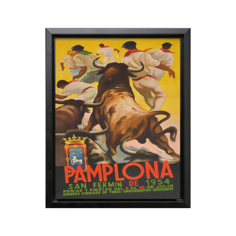 Taureaux de Pampelune, H 08 po x l 10 po, Canevas, Cadre noir