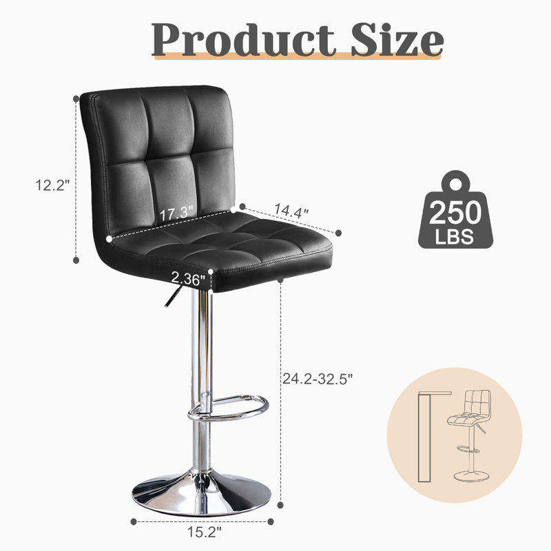 Black Leather Swivel Counter Height Bar Stools with Metal Frame