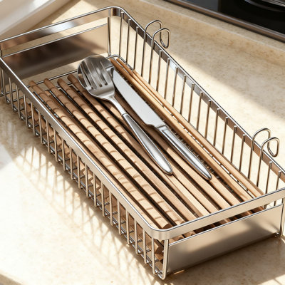 Séchoir à ustensiles de qualité supérieure en acier inoxydable 304 avec crochets, conception antirouille sans perçage pour comptoir de cuisine ou évier, panier à argenterie à vidange rapide