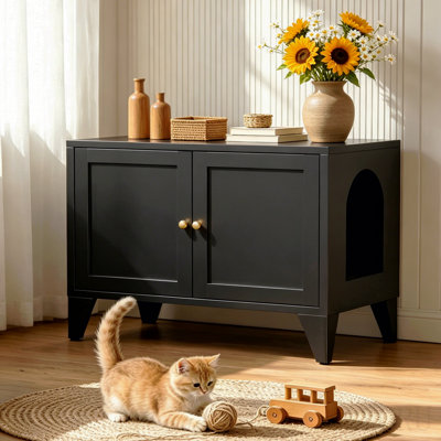 Metal Cat Litter Box Enclosure, Modern Hidden Litter Box Furniture Indoor Pet House, Freestanding Cat Washroom Cabinet Fits Most Standard Litter Boxes, Black Decorative Pet Side Table For Home