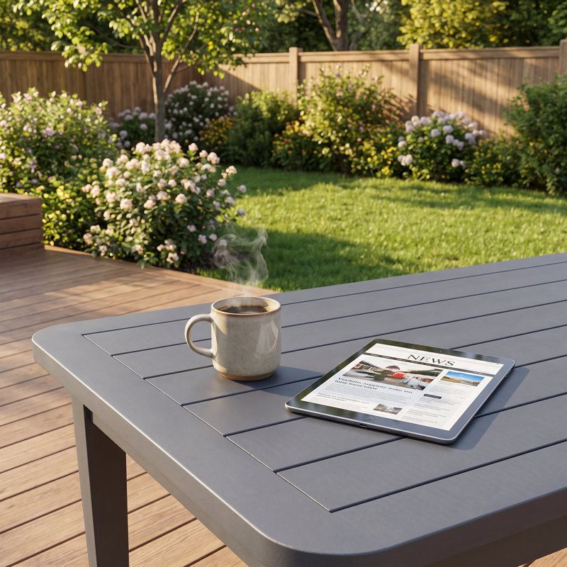 Table basse d'extérieur moderne de 38,6 po avec plateau à lattes et structure en aluminium