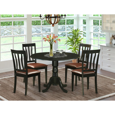 5 Piece Dining Table Set for 4 Includes a Round Kitchen Table with Dropleaf and 4 Faux Leather Dining Room Chairs, 42x42 Inch, Black