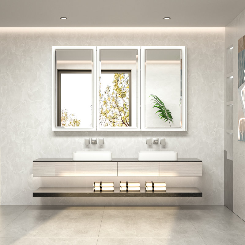 Chouchanik Recessed and Surface Framed 3 Door Medicine Cabinet with Mirror and Shelves, 30" H x 48" W x 5.2" D, White