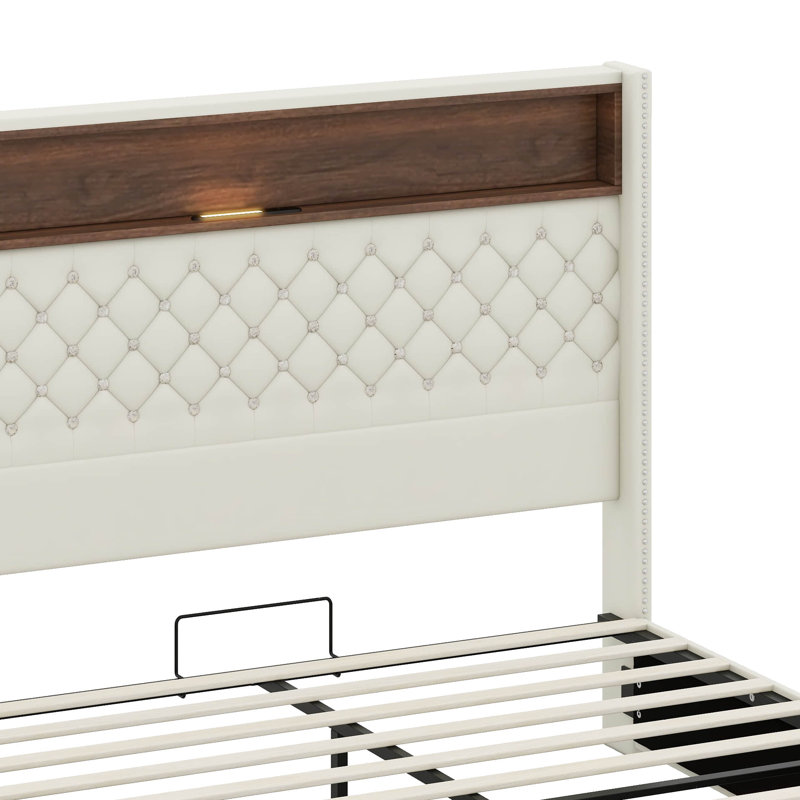 Cadre de lit en velours doux avec veilleuse, tête de lit avec décoration à rivets, Beige, Grand