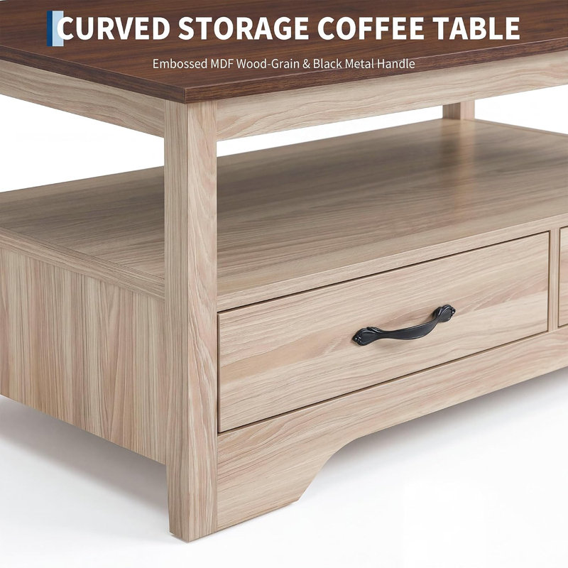 Table basse avec 4 tiroirs et tablette ouverte, Oak & Brown