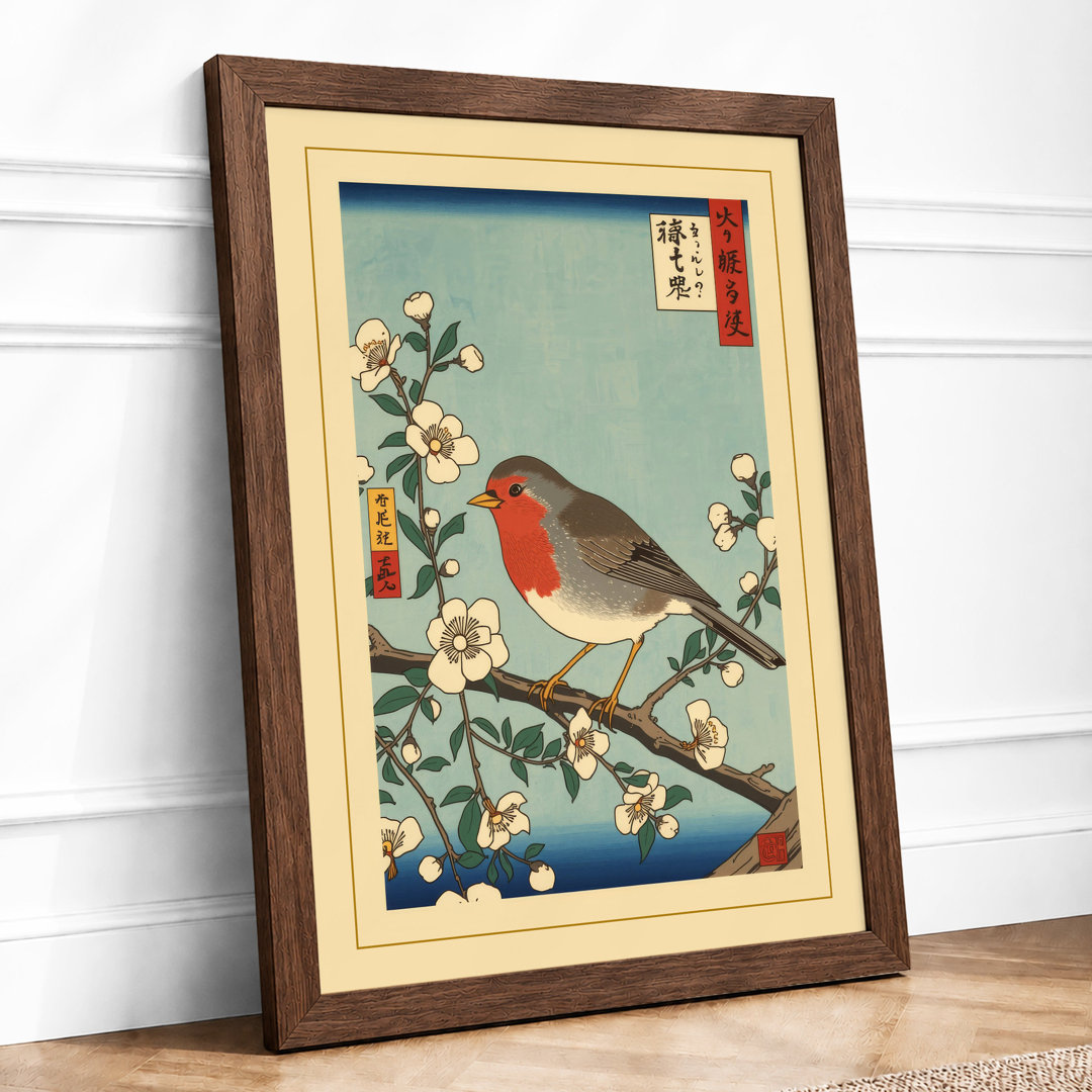 Robin on Blossom Branch Japandi - Framed Print
