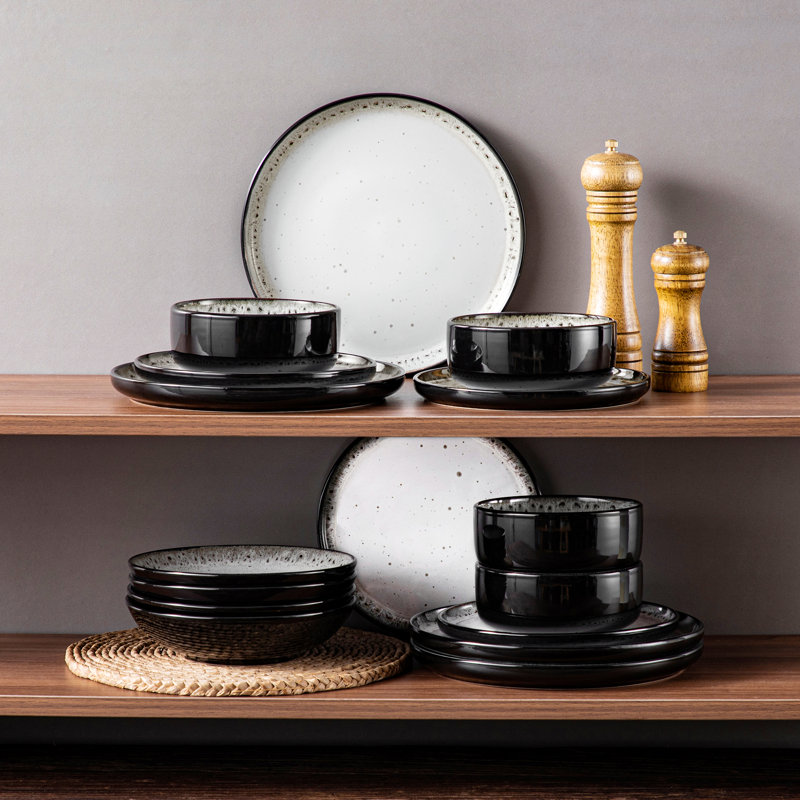 32 Piece Stoneware Dinnerware Set - Service for 8, White/Black