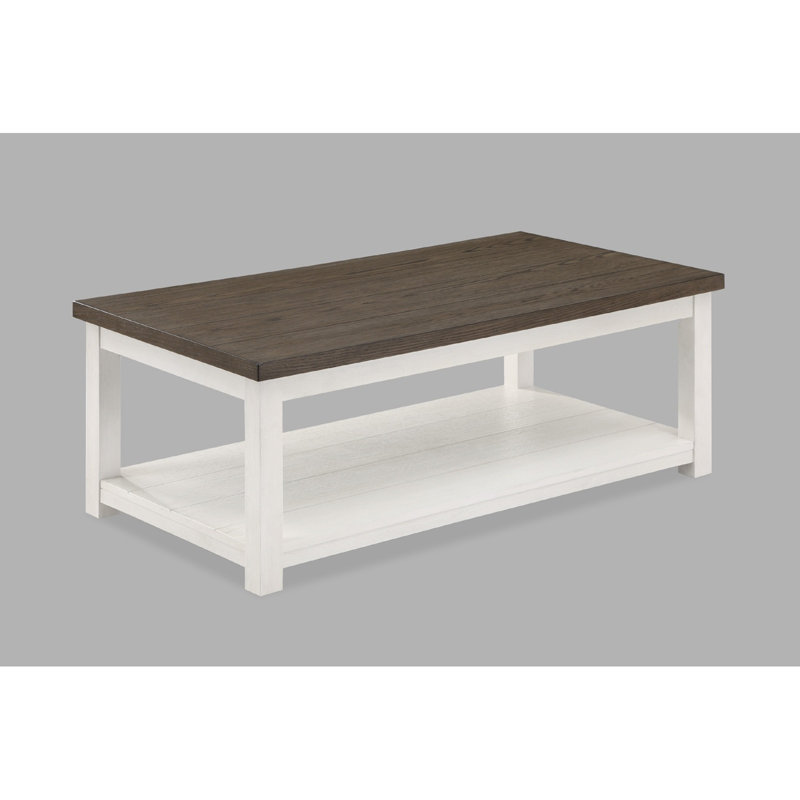 Table basse Farmhouse en bois, brun avec base blanche, plateau rectangulaire, roulettes, meubles de salon | Idée de cadeau