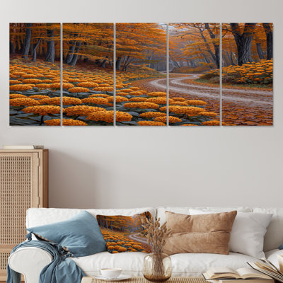 «Country Road Blooming Orange Flowers - Ensemble d'art mural campagne», 5 pièces