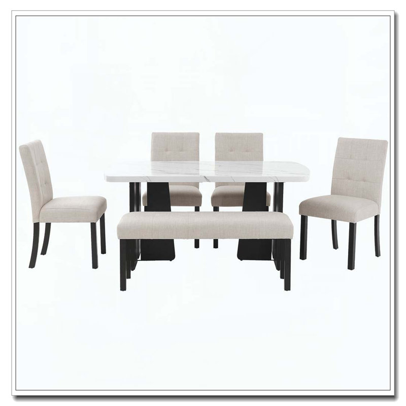 Ensemble de table de salle à manger moderne 6 pièces, Beige, blanc