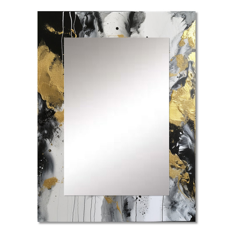 River Happiness Abstract Gold Black White I - Gold Wall Mirror Decor, 32" x 24"