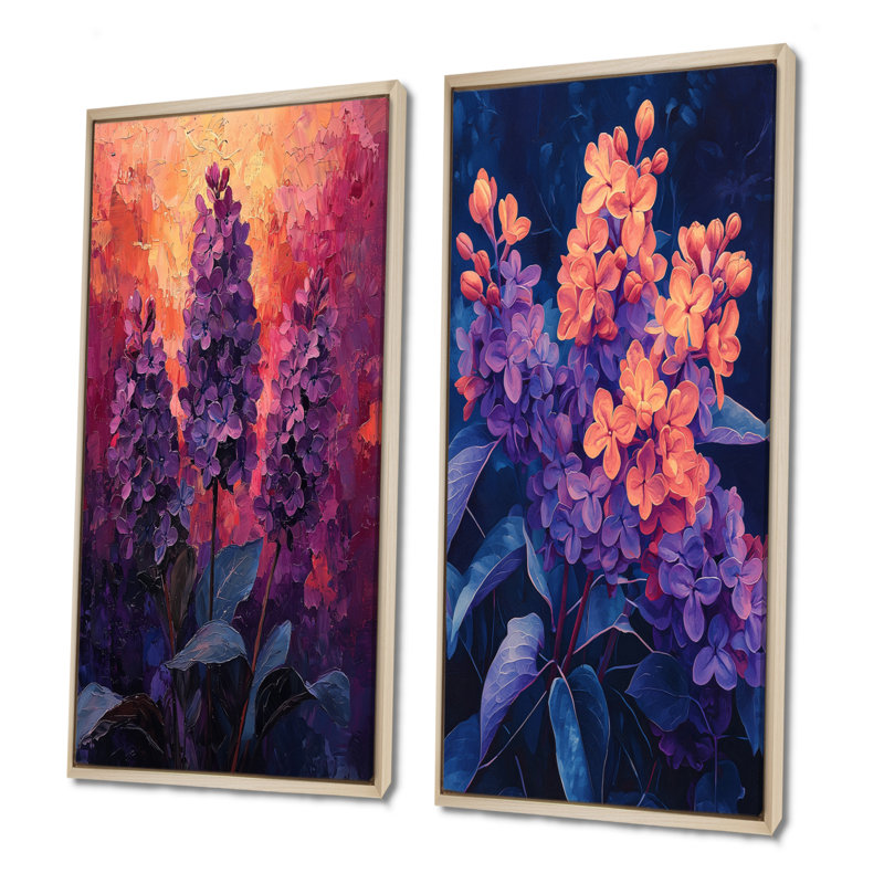 Fiery Lilacs in Dark Tones Expressionism I - Art mural floral 2 pièces, H 28 po x l 25 po, Cadre crème crème