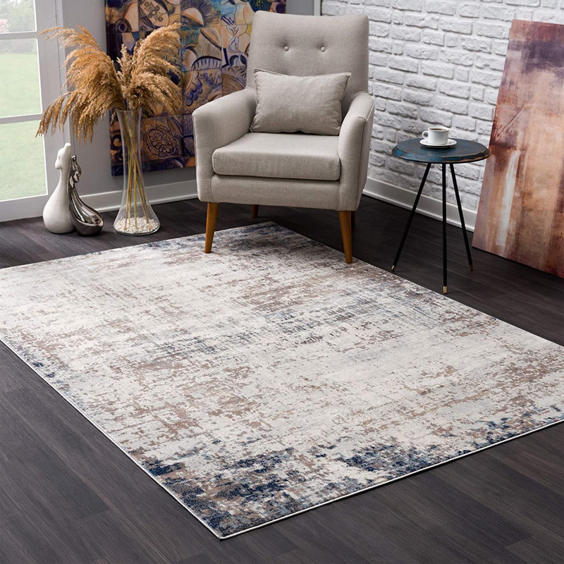 Abstract Navy/Ivory/Light brown Area Rug, Rectangle 5' x 8'