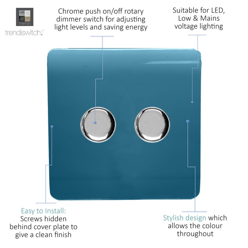 Trendi Switch 2 Gang 1 or 2 way 100w Rotary LED Dimmer Light Switch, Ocean Blue