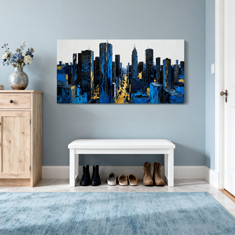 Scènes et paysages urbains abstraits, paysage urbain, tours bleues et dorées, H 20 po x l 40 po