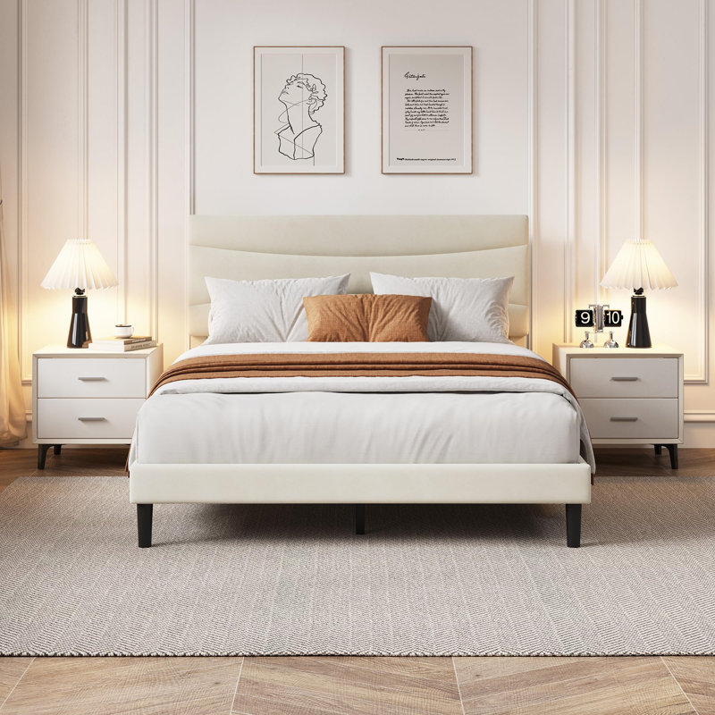Structure de lit tapissier moderne, tête de lit rembourrée douce, support de lattes en acier robuste, Beige, Grand lit