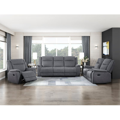 Contemporary Living Room Sofa Set 3pc Reclining Motion Sofa Loveseat Chair Gray Microfiber Upholstery Comfort Solid Wood Furniture