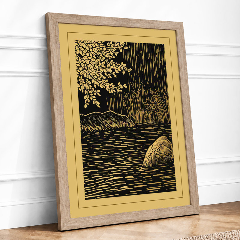 Stone by the River Japandi - Framed Print, A2 - 59.4 x 42.0 cm, Oak