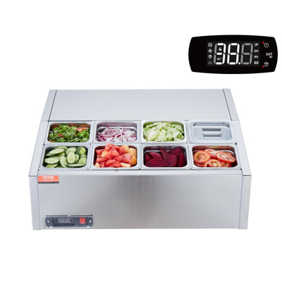 Refrigerated Condiment Prep Station, 140 W Countertop Refrigerated Condiment Station, with 8 1/6 Pans, 304 Stainless Body and PC Lid, Sandwich Prep Table with Stainless Steel Guard, ETL