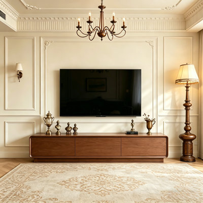 78.7"Modern walnut wooden TV Stands features three thickened handleless drawers with rounded corners No Assembly Required