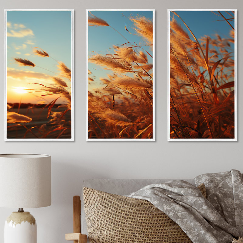 Golden Grass Field At Surise - ensemble d'art mural paysage, Cadre flottant blanc, H 32 po x l 48 po x P 1 po