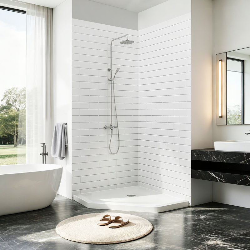 Ensemble de panneau de douche mural 3 pièces l 60 po x P 32 po x H 80 po, panneaux de douche en acrylique texturé à motif de briques blanches décalées, dosseret de douche imperméable et à installation rapide, épaisseur de 1/8 po (2,8 mm)