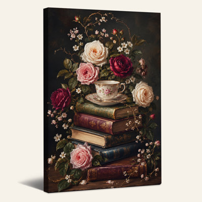 Roses roses et bourgogne avec livres empilés et art mural d'Halloween
