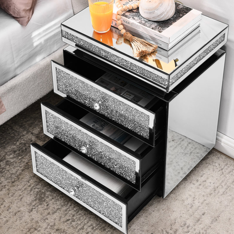 Table de chevet 3 tiroirs avec miroir, table de chevet moderne argentée avec incrustation de cristal, l 13,8 po x L 17,7 po H 23,6 po