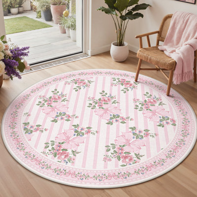 Bloomere Floral Machine Washable Blush Bow Indoor Area Rug With Non-Slip Backing