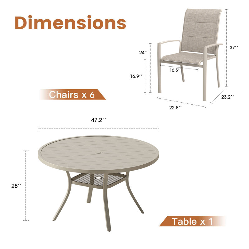 Patio Dining Set with 47.2" Round Dining Table and 6 Padded PVC-coated polyester Dining Chairs, Cream/Sandshell