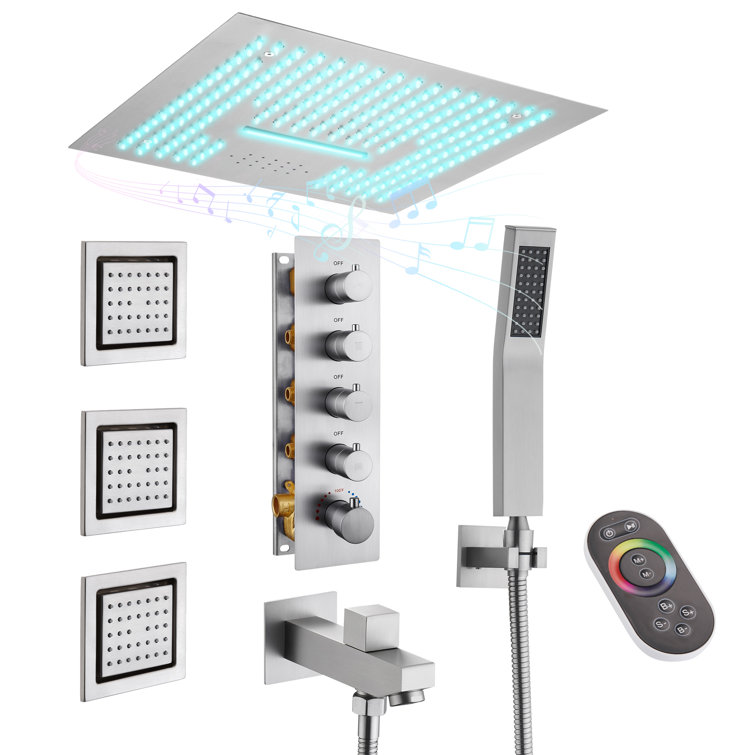 16" Flush Mounted 4-Function Thermostatic Luxury Complete Shower System with LED and Bluetooth Music