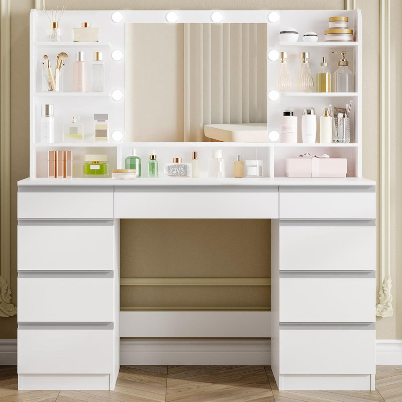 Dressing Table with Bulb/LED Light, Vanity Desk with 1 Large Drawer and 8 Small Drawer Cabinets, Adjustable Brightness, Large HD Mirror, 9 Open Storage Areas